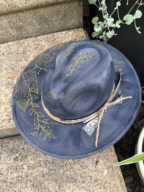 Hand/Burned Hand-Painted Charcoal Fedora Hat